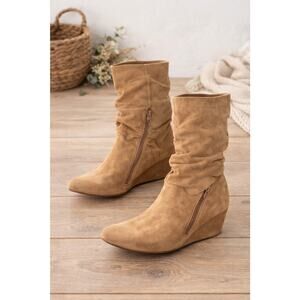 Reaction Kenneth Cole Womens 9 Tan Suede Slouch Boots Wedge Heel Zip Boho Y2K